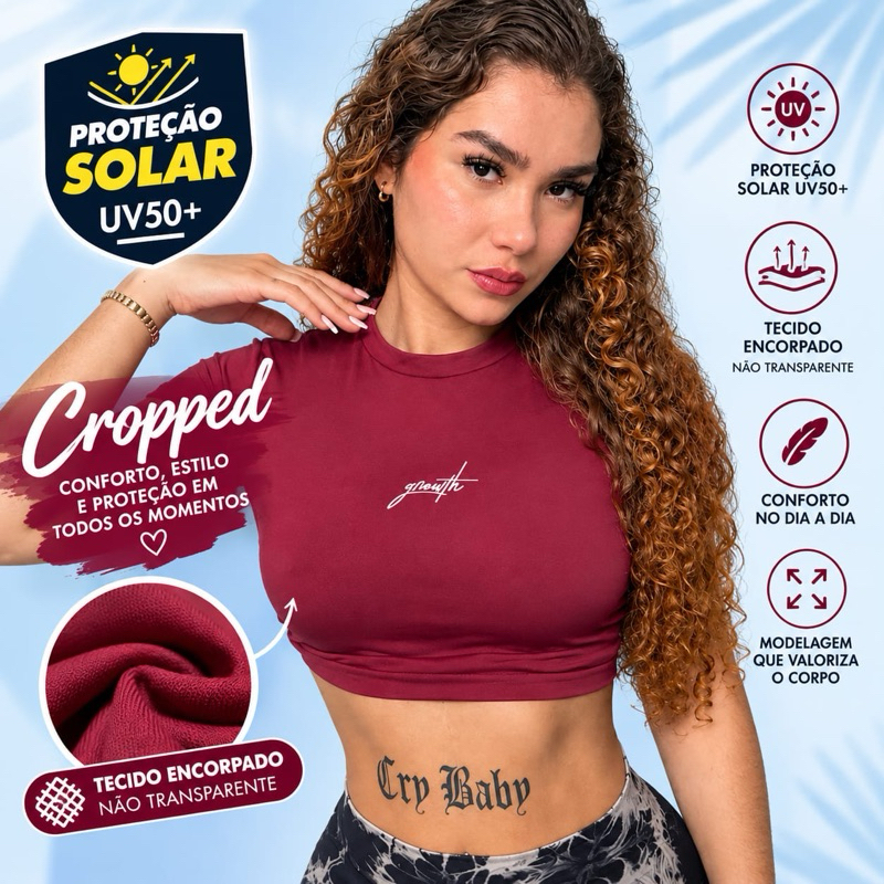 Cropped Fitness Feminino Poliamida Manga Curta Academia Treino Não Transparente Dry Fit