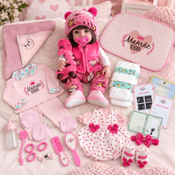 Kit Boneca Bebe Reborn 100% Silicone 45 cm Enxoval Girafinha Completissimo 40 itens