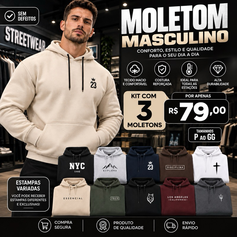 Kit 3 Blusa de Frio Moletom  Masculino Casual estilo Suéter  100% algodão sem defeitos cores variadas Promoção
