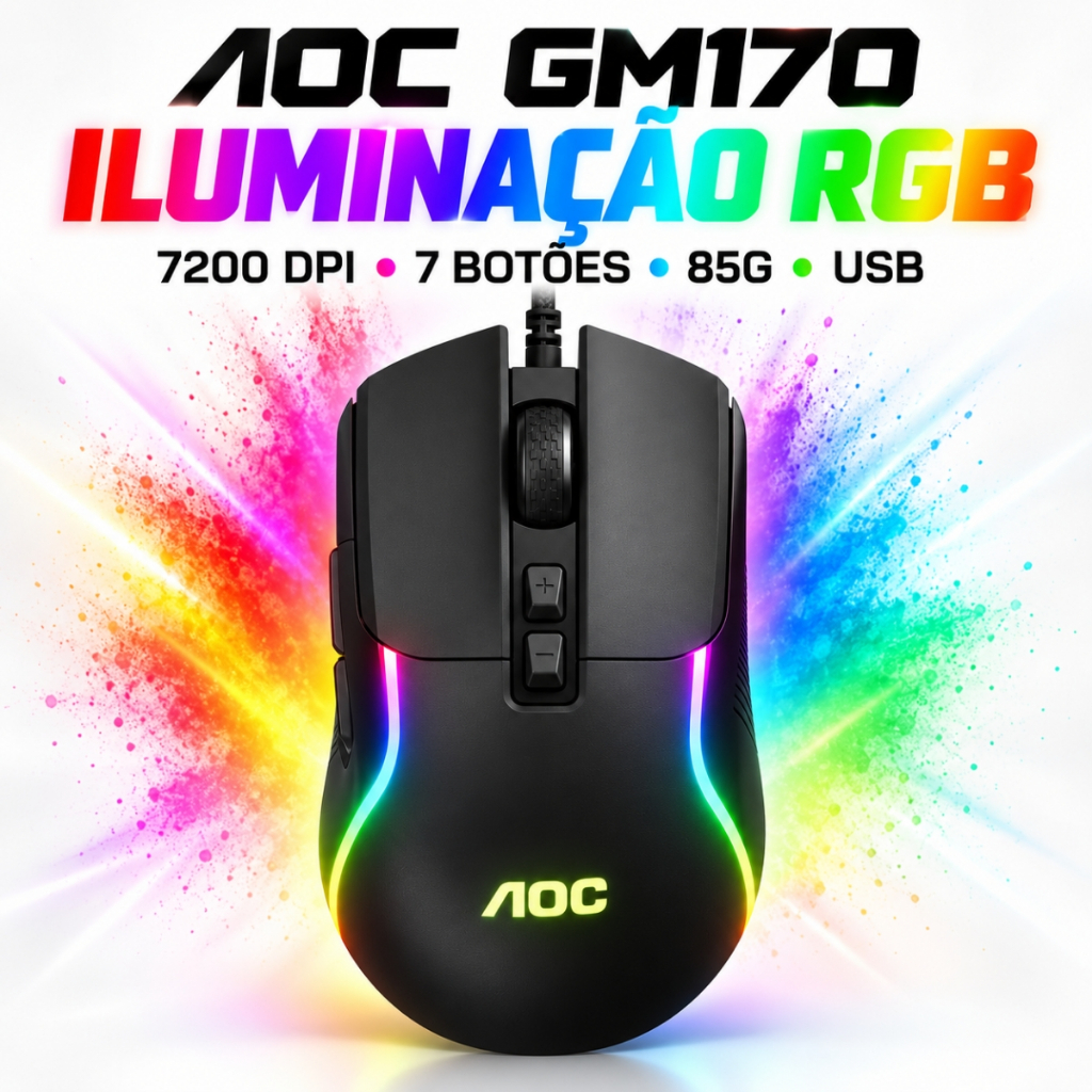 MOUSE GAMER PARA JOGOS COM FIO AOC GM170B RGB 7 MODOS DE CORES CSGO VALORANT LOL ROBLOX MINECRAFT