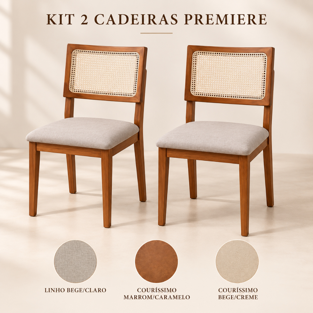 Kit 2 Cadeiras de Jantar Madeira Maciça Estofadas Linho ou Couro com Tela Sextavada Bege/Marrom
