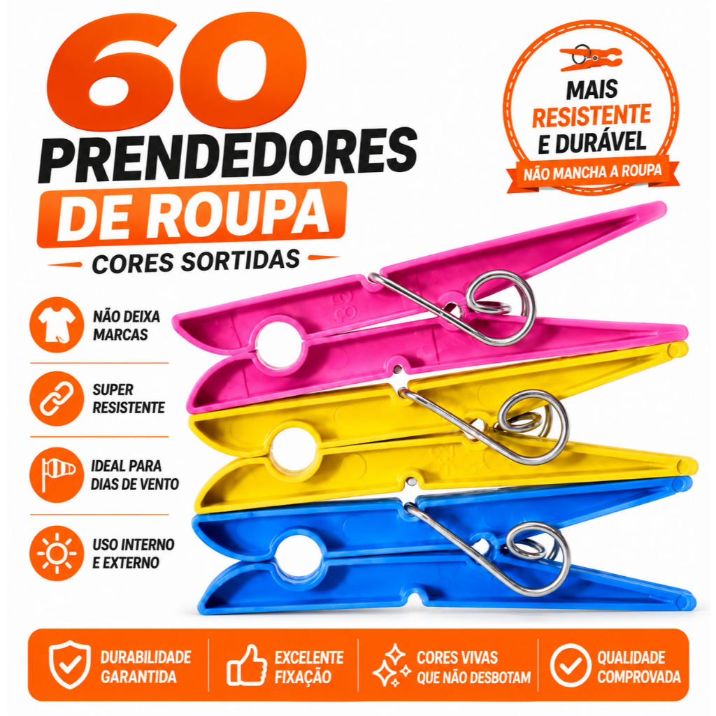 Kit 12 a 60 unidades Prendedor Pregador de Roupas Plástico Reforçado – Cores Sortidas – Varal