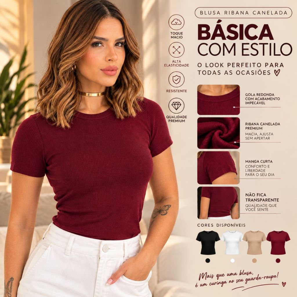 Blusas Feminina Ribana Canelado Premium Casual Estilosa Tendência Verão Camiseta T-Shirt Dia a Dia