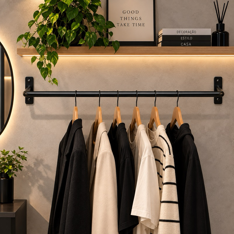 Arara de Roupas Parede Preto Dourado Cabideiro 100cm Resistente Closet Loja Quarto