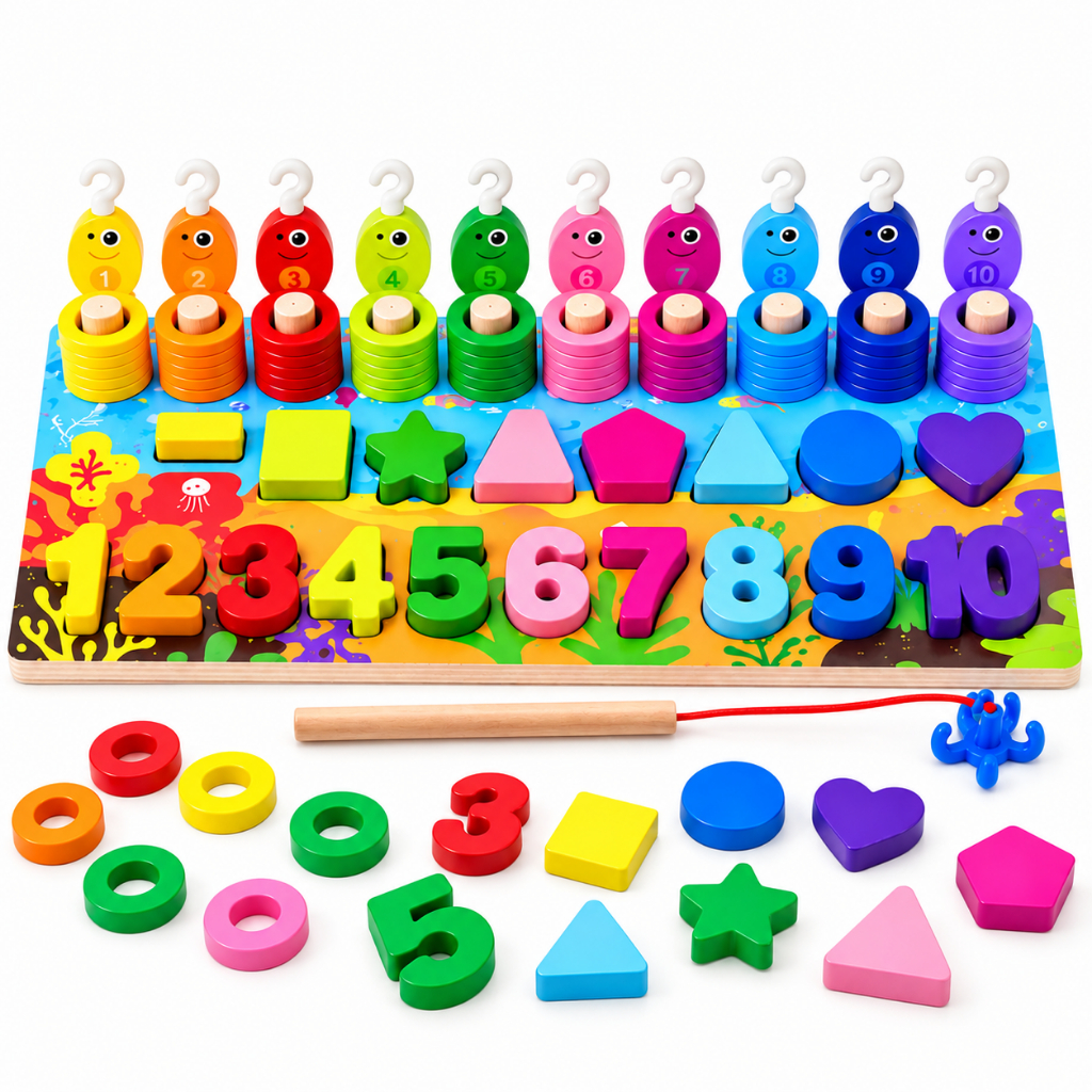 Tabuleiro Educativo Madeira Montessori 7 Em 1 Brinquedo Pedagógico Infantil Números Formas Cores Pescaria
