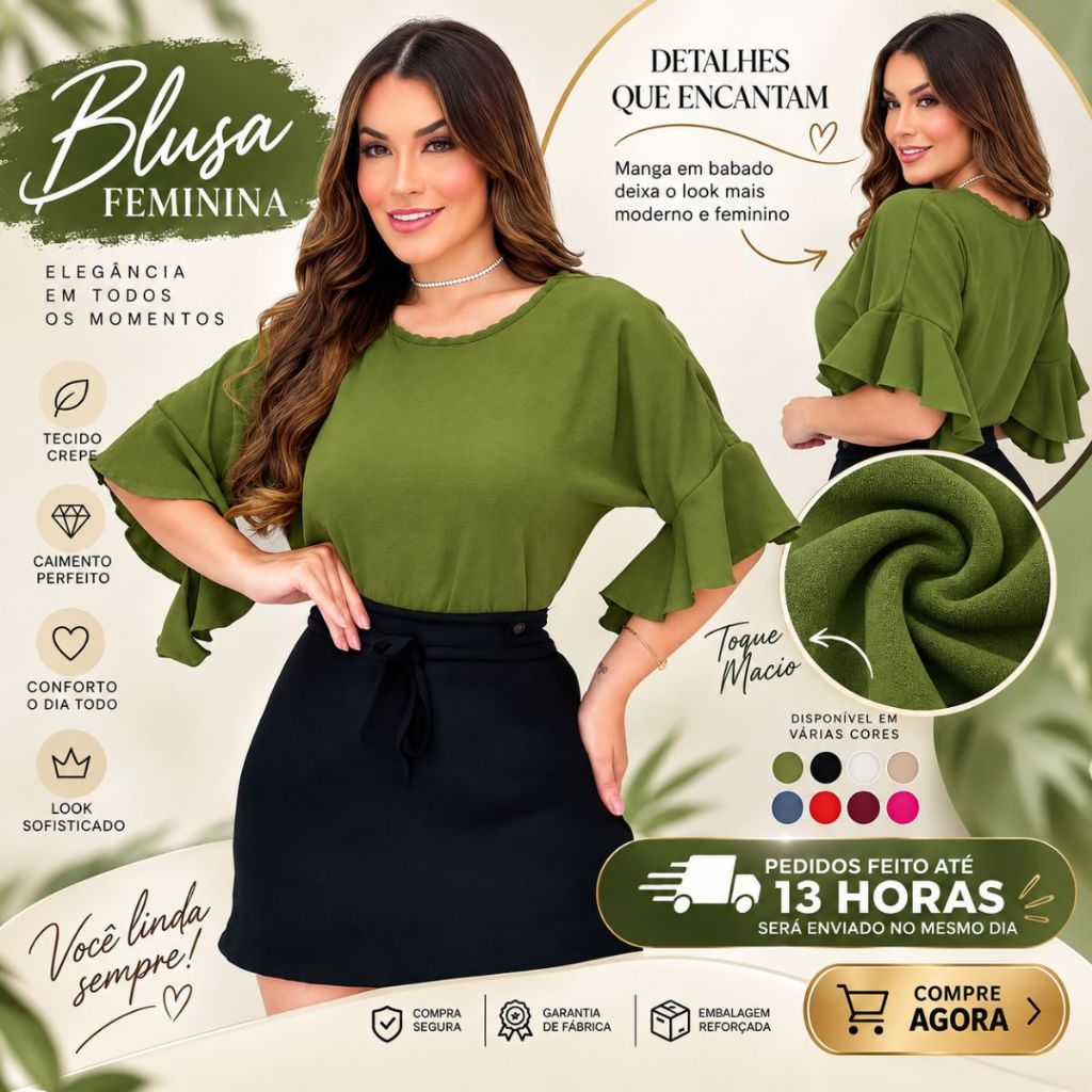 Blusa Feminina Manga Flare Babados Crepe Duna Gola Redonda Soltinha Elegante