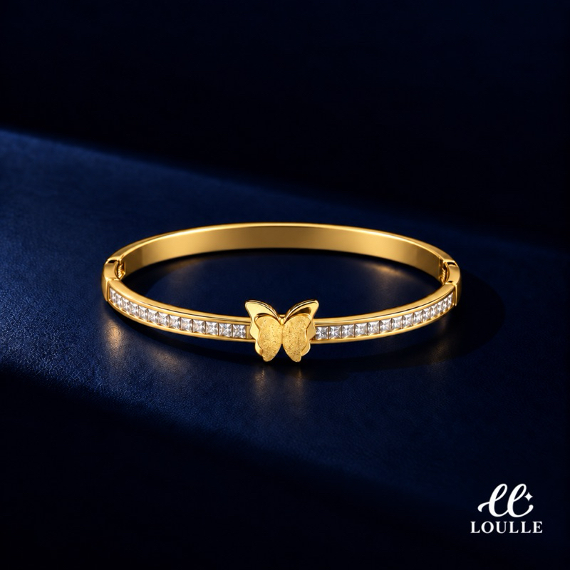 Bracelete À Prova D'água Não Escurece Hipoalergênico Borboleta e Cristais Semi Joia Aço Inox Premium Dourado