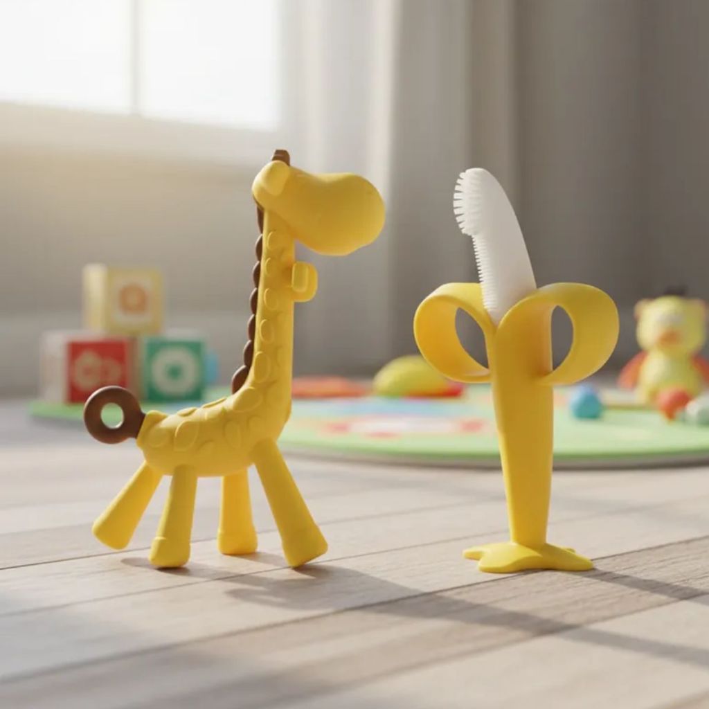  Mordedor Silicone Banana Escovinha Bebes Dentição Girafinha de Silicone Macio Baby Conjunto