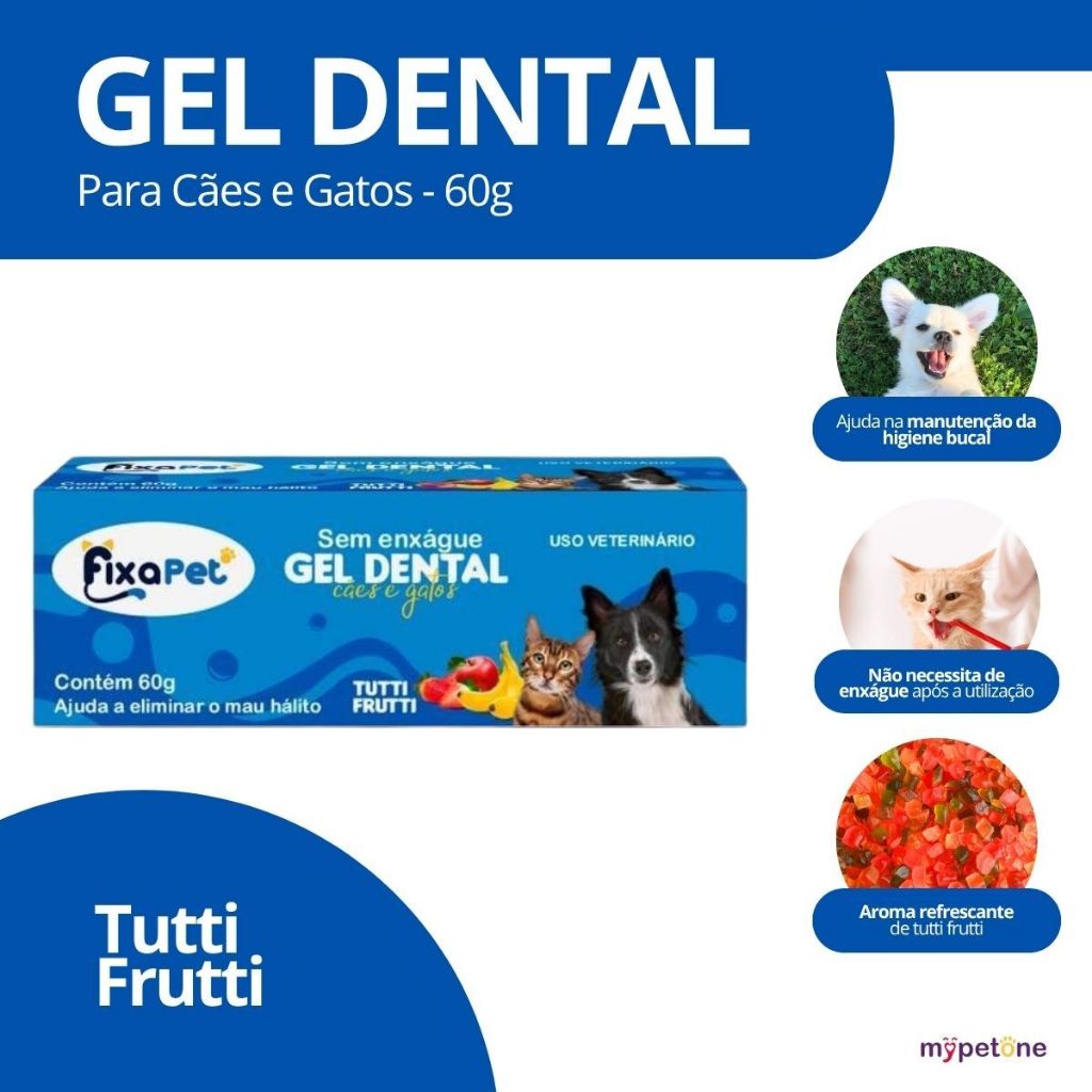 Gel Dental Tutti Frutti 60g Gel Escovação Pet Para Cães e Gatos Sem Enxágue Fixa Pet