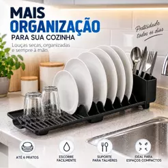 Escorredor de Louça para Pia Flat com Bica Porta Talheres 6 Pratos Preto UN
