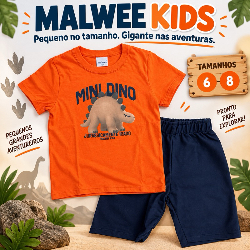 Conjunto Infantil Menino Malwee Kids Dinossauro Camiseta + Bermuda Tam 6 e 8