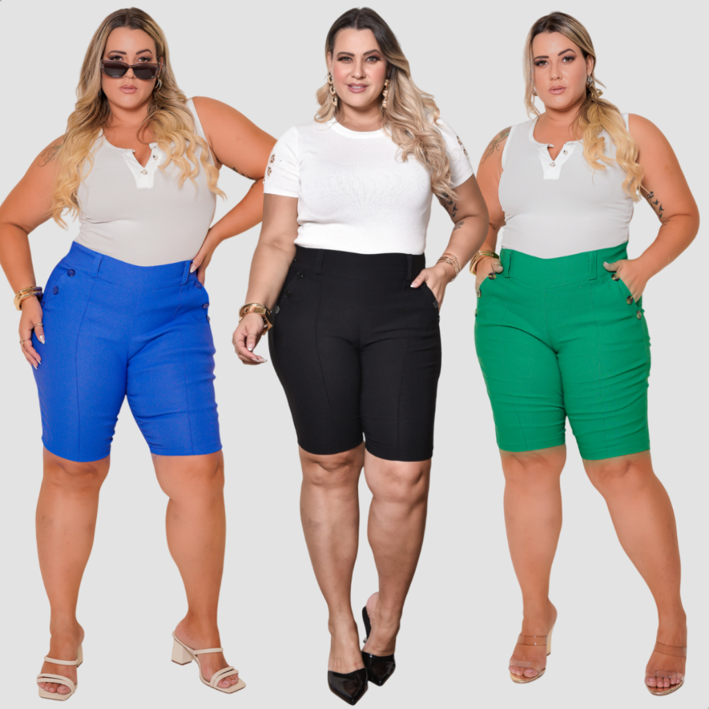 Kit 3 Bermudas Social Plus Size Feminina Com Botões Nos Bolsos Tecido Bengaline Modela No Corpo Veste 40 até 52