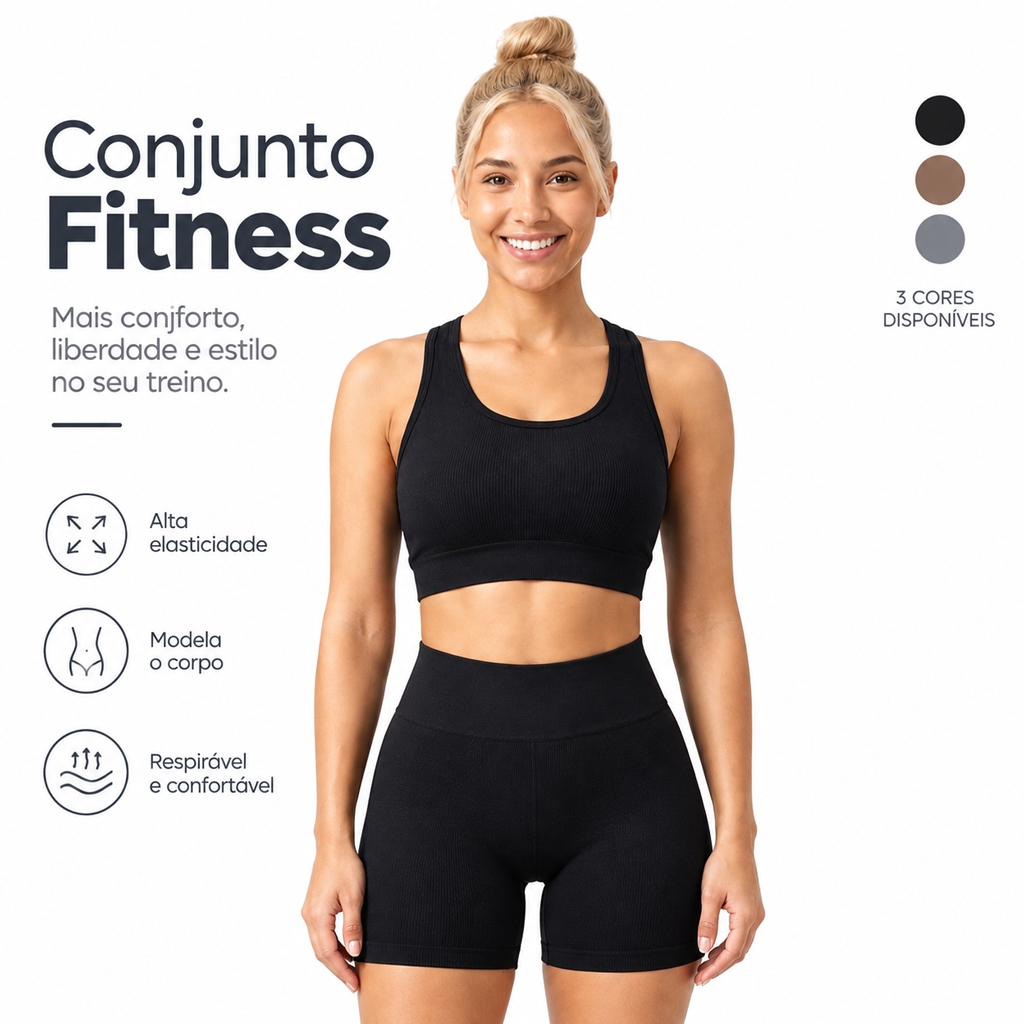 Conjunto Fitness Feminino Top Regata+Short Canelado Cintura Alta Modelador Alta Elasticidade Respirável Academia Tamanho