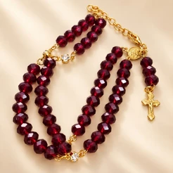 Pulseira Religiosa Terço Duplo de Cristais Nossa Senhora com Cruz Banhada a Ouro – Várias Cores