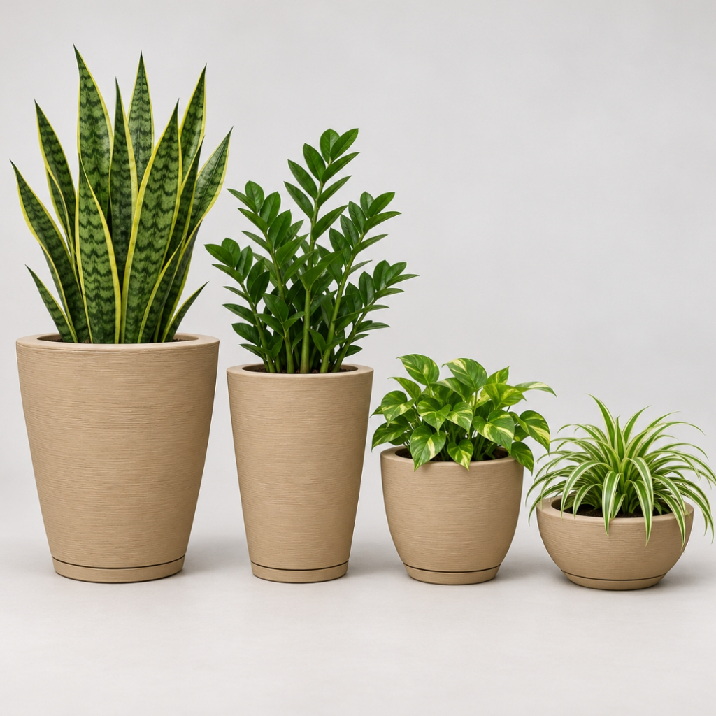 Kit 4 Vasos para Plantas Decorativo Escovados Coluna Redona 1 + Bojo 1 + Bacia 1 + Coluna Bojo 1