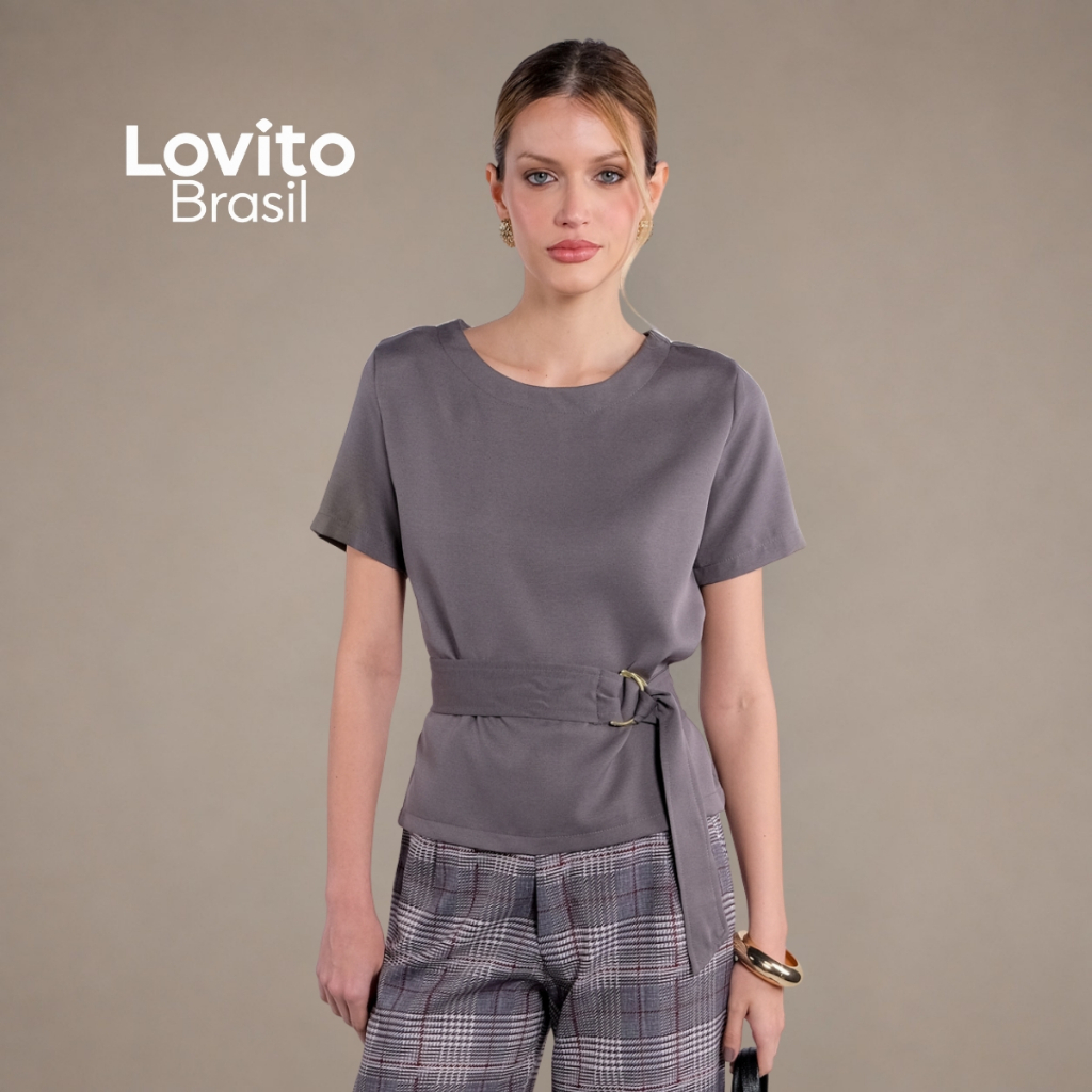 Lovito Blusa Elegante Feminina com Faixa na Cintura BLB20872117
