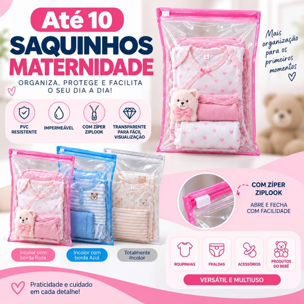 Kit 10 Saquinhos Maternidade Multiuso Organizador Necessaire Com Zíper