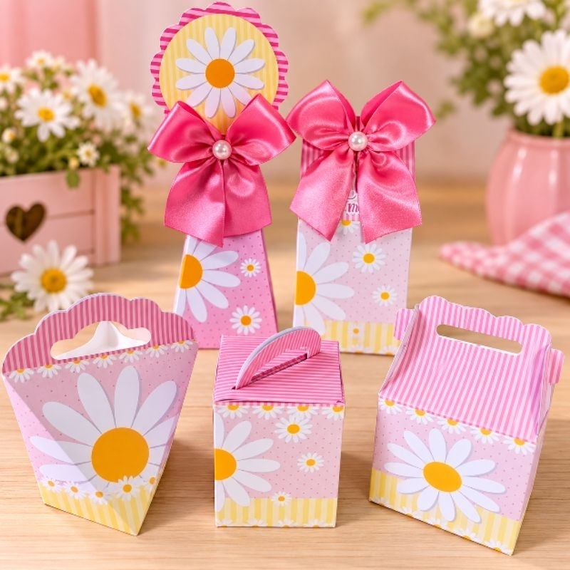Kit 50 caixinhas, lembrancinhas de festa aniversário MESVERSÁRIO (PEGUE E MONTE) - Margaridas brancas rosa e amarelo
