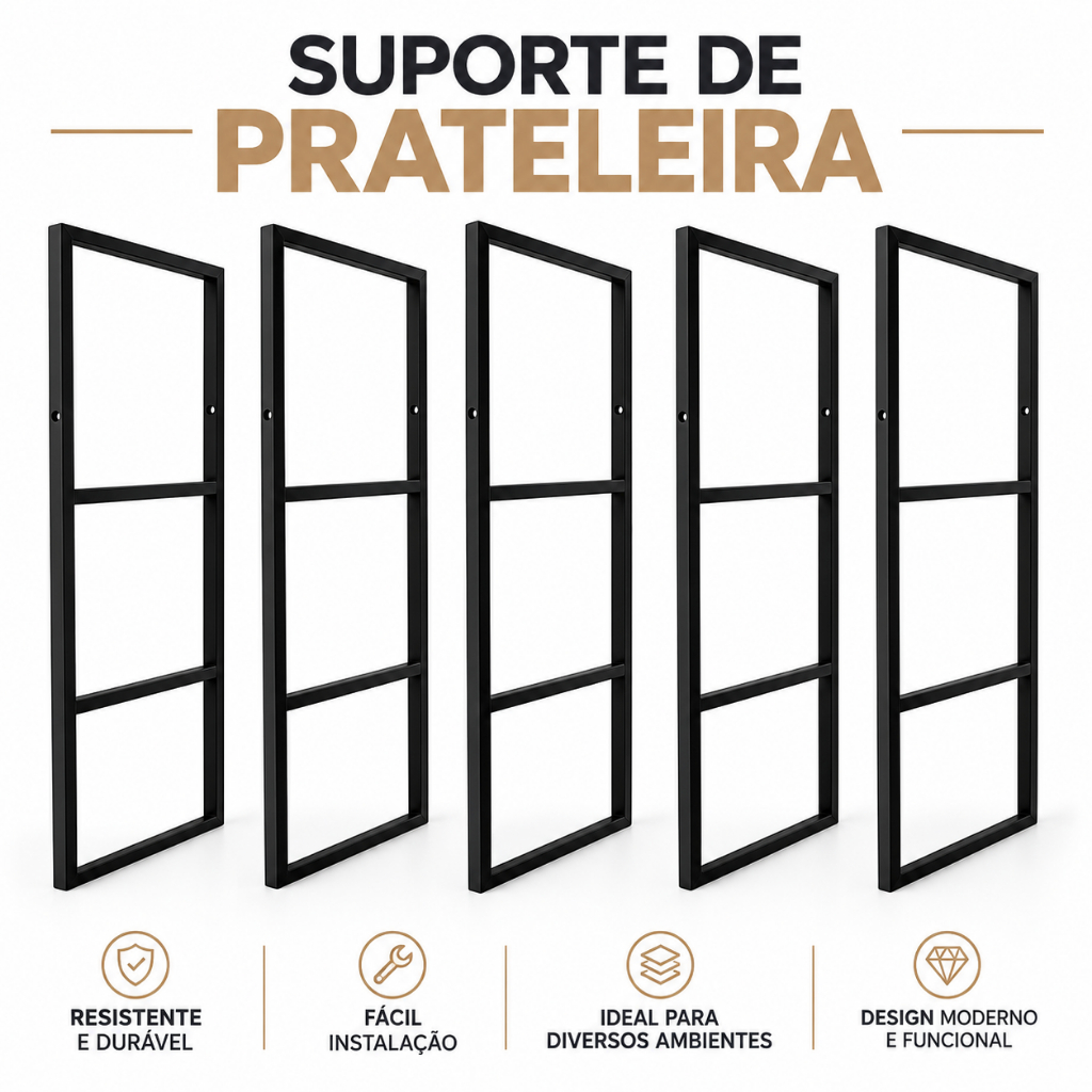 Suporte Prateleira Tripla Estilo Industrial Parede ou Teto 5 Peças 95x29cm