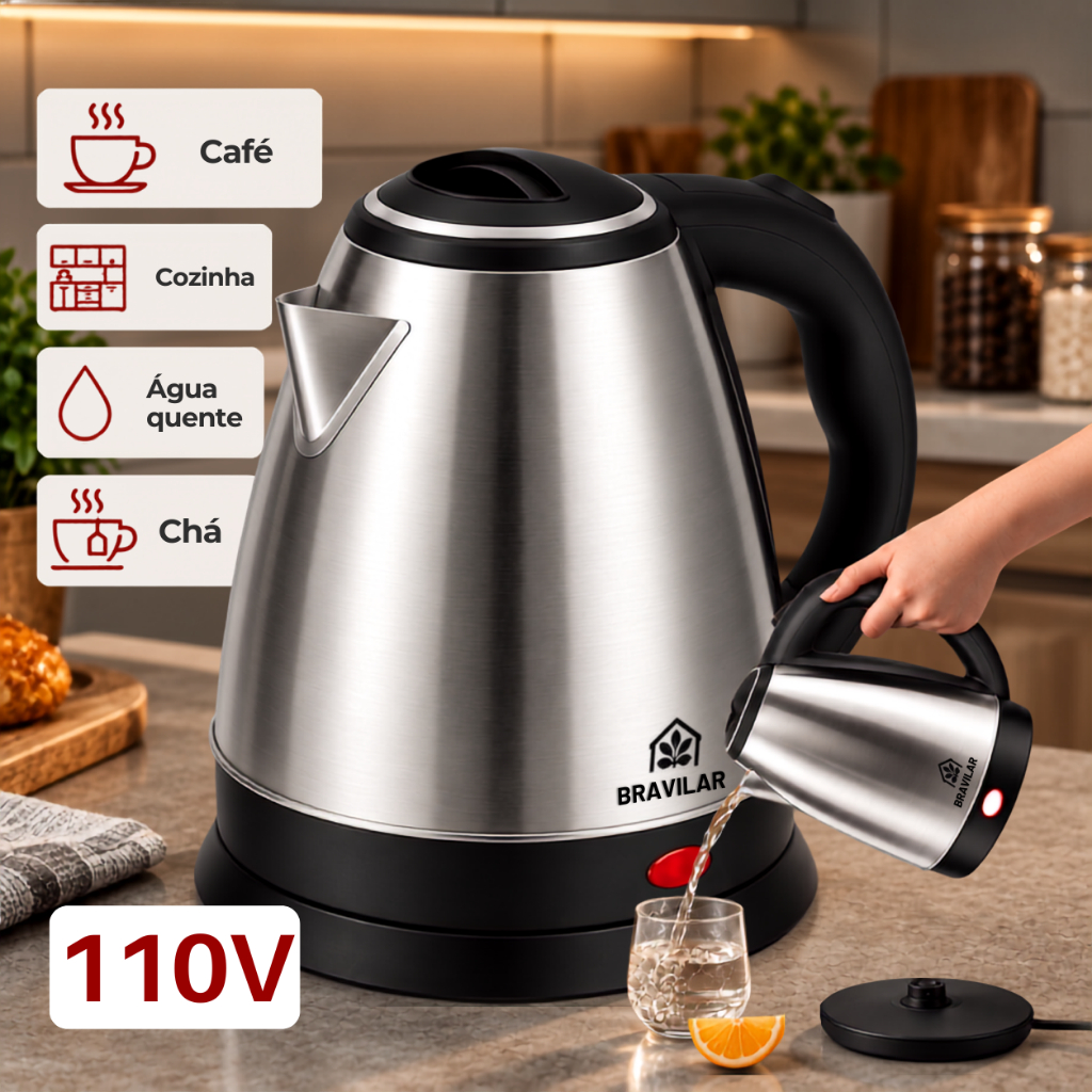 Chaleira Elétrica Inox Bravilar 2 Litros 110V 1000W Ferve Água Rápido Desligamento Automático Base Giratória