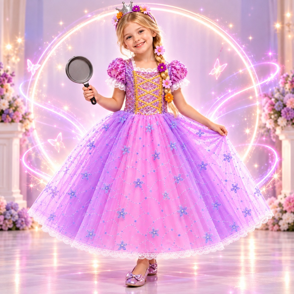 Fantasia Rapunzel Infantil Menina Vestido Luxo Princesa Rapunzel + tiara enrolados Completa