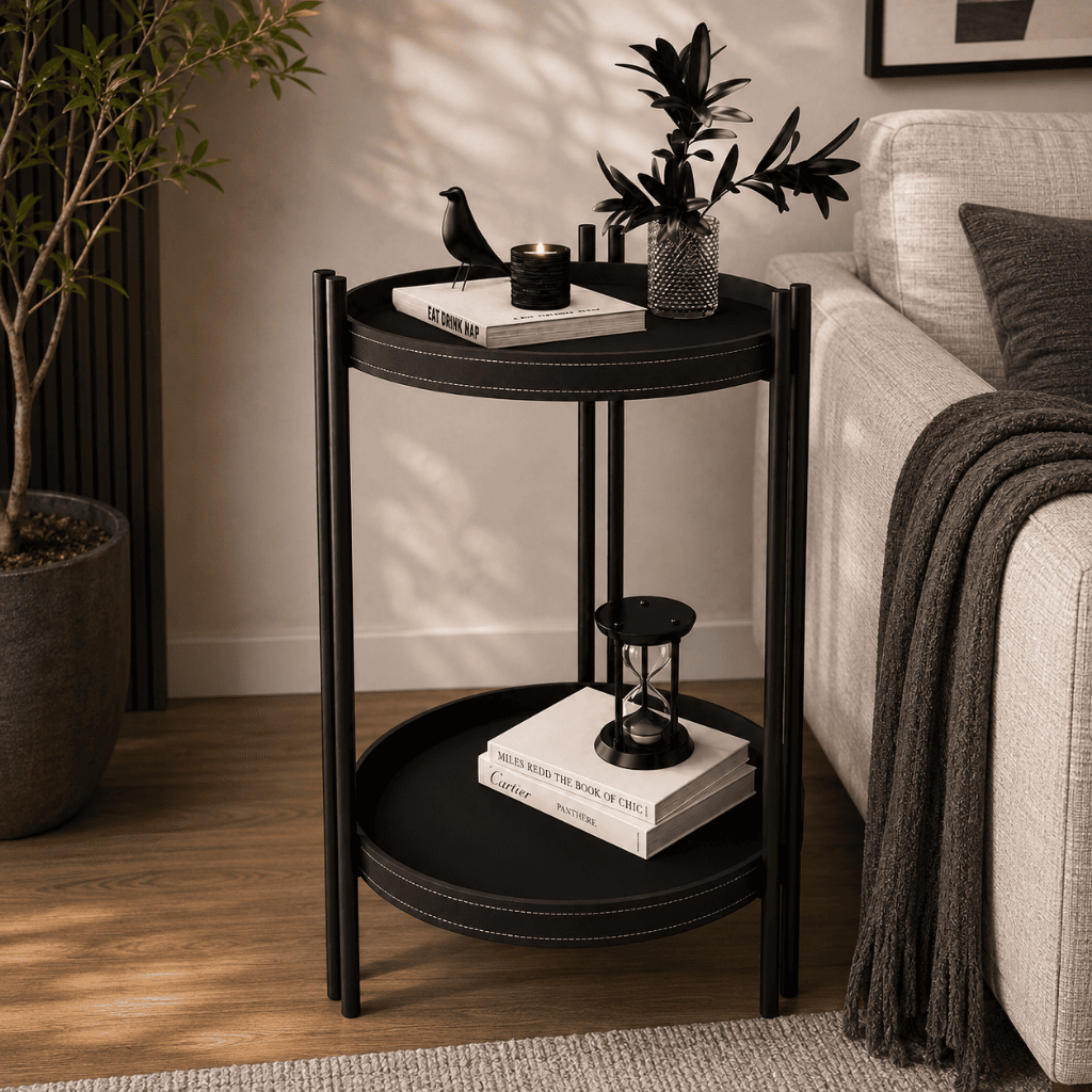 Mesa Lateral Manhattan Pes Aço Design Industrial Acabamento em Couro Preto com Costura Dupla
