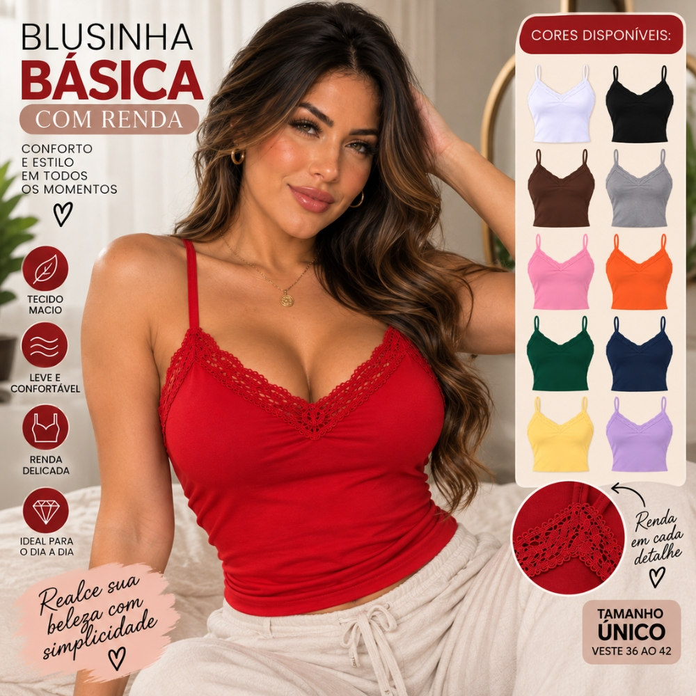 Blusinha de Renda Feminina com Bojo Alcinha Regulável Peça Coringa