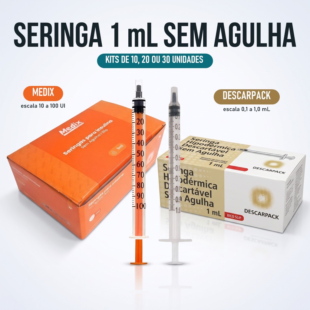 Seringa de Insulina 1ml Sem Agulha Medix ou Descarpack - 1ml Luer Slip Resíduo Zero - Kit 10, 20 ou 30 Unidades