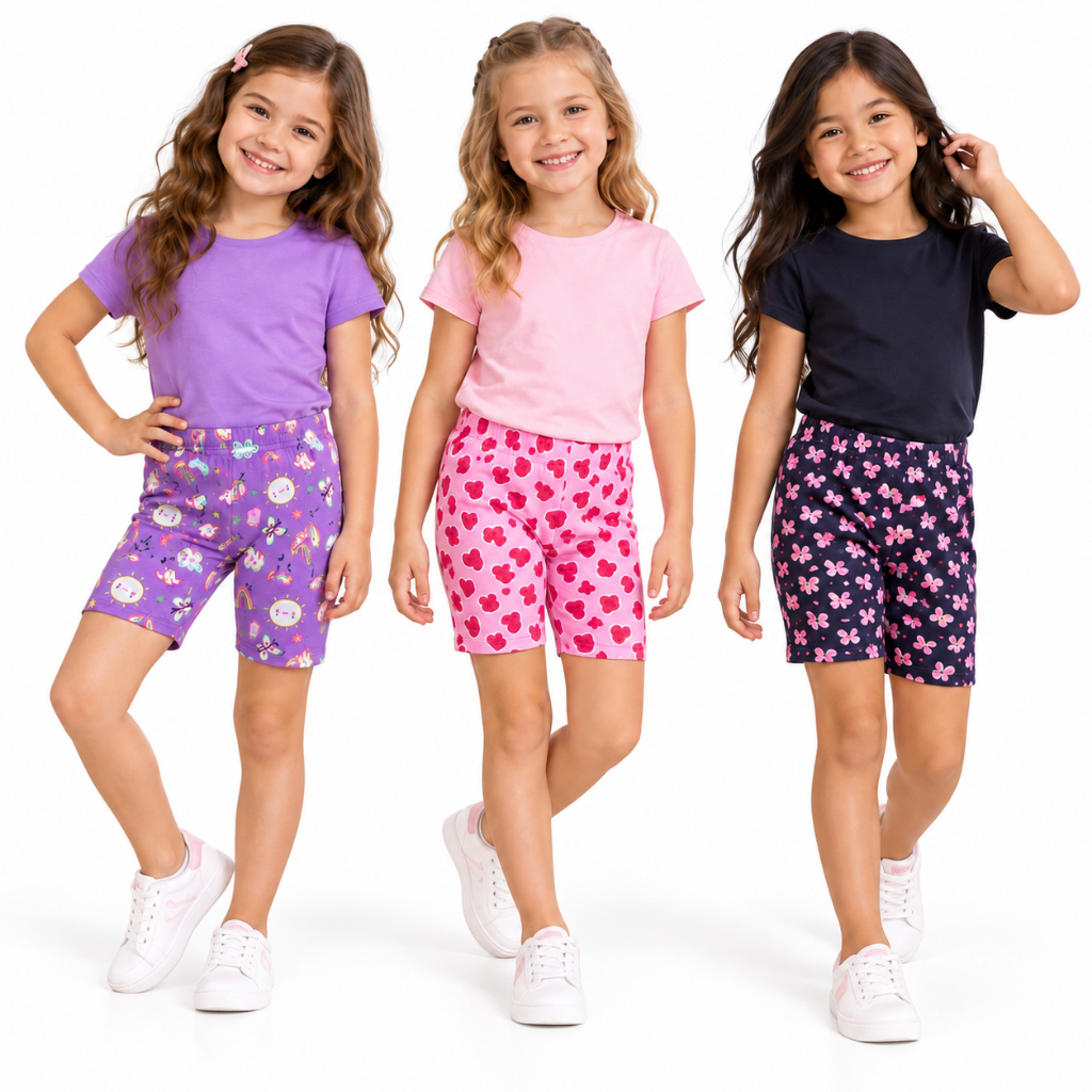 KIT 3 SHORTS INFANTIL COTTON MENINA, BERMUDA CICLISTA  - TAMANHOS 1 AO 12