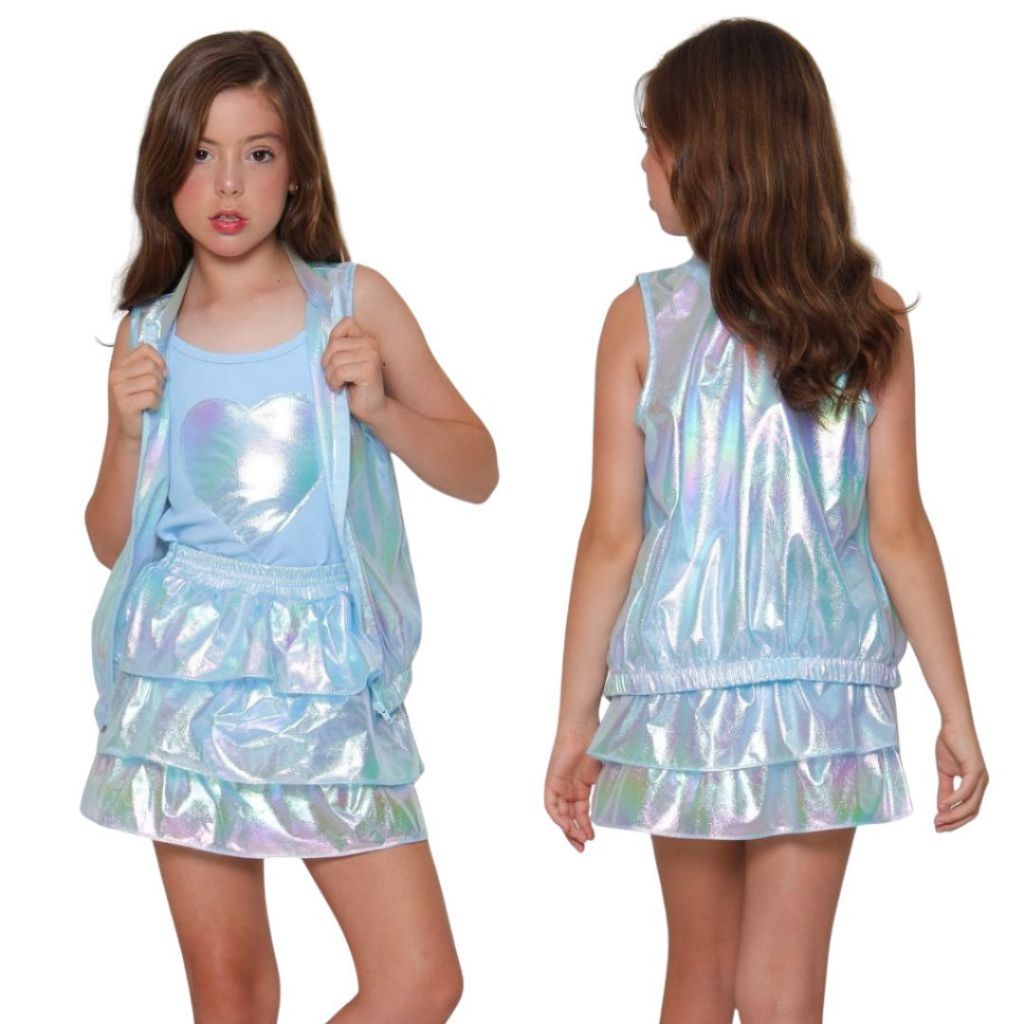 Conjunto Infantil Feminina Malha Holográfico Moda Blogueira ,Colete Regata e Short Saia ,Verão Tam. 4 ao 14
