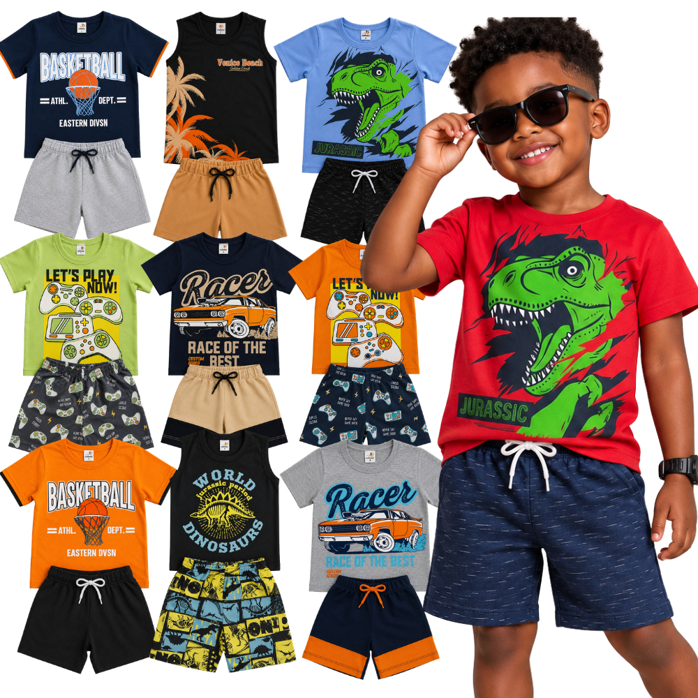 Conjunto Infantil Menino Verão do Tamanho 2 ao 12 | Camiseta Infantil 100% Algodão + Bermuda | Roupa Infantil Menino
