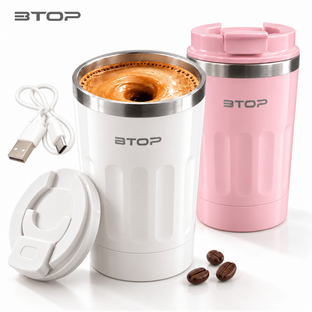 Caneca Autoagitável 400ml Aço Inox 304 Misturador Magnético Base Removível USB-C para Café Leite BTOP
