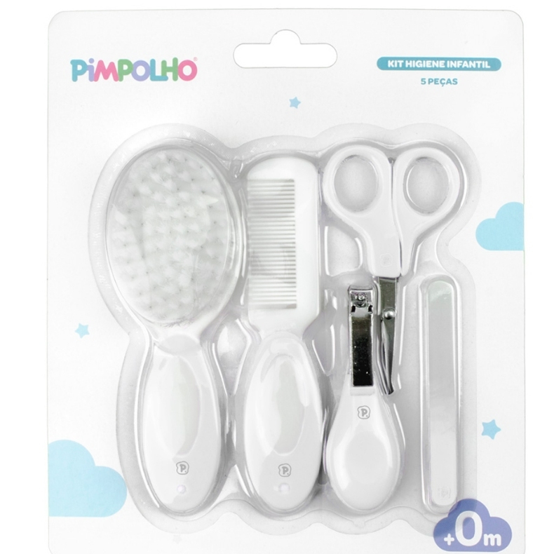 KIT HIGIENE BEBE 5 PECAS PIMPOLHO - ESCOVA, PENTE, LIXA, TESOURA E CORTADOR DE UNHA