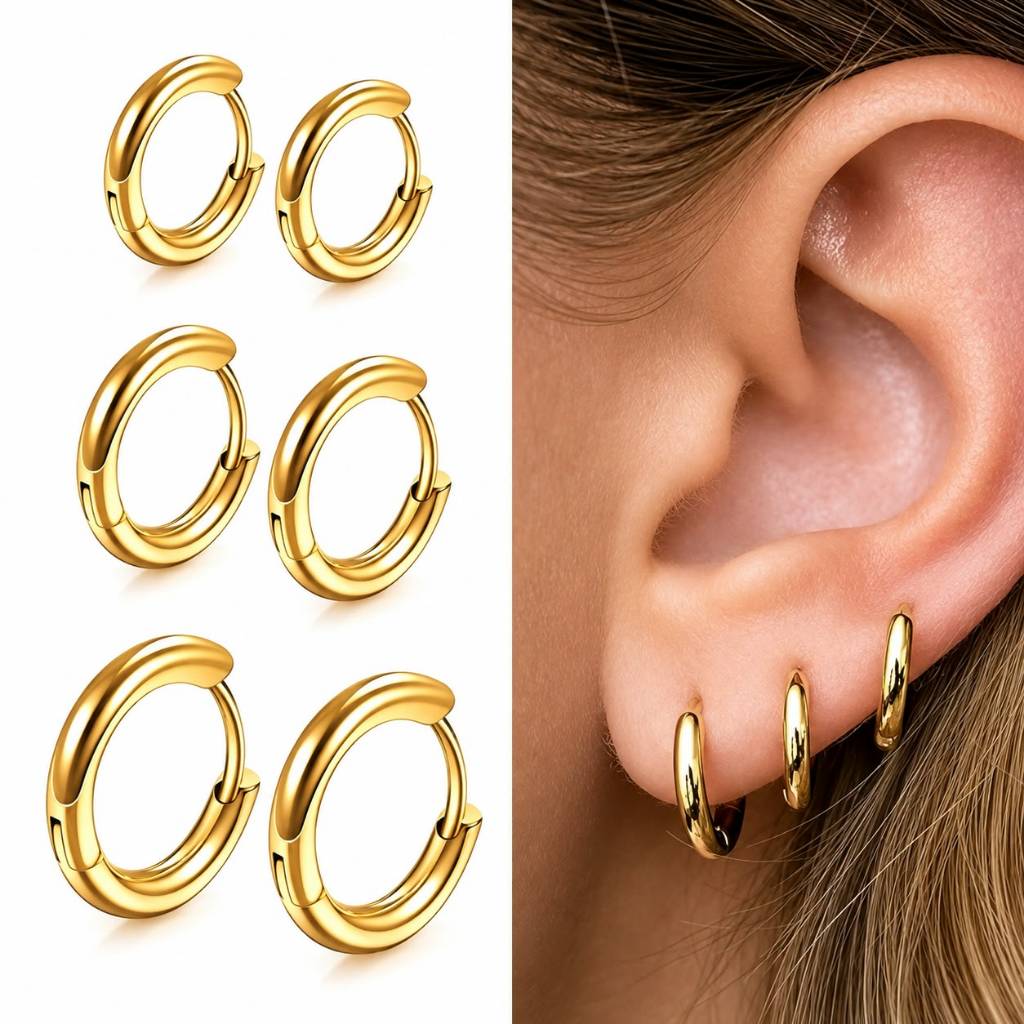 Trio Brincos de Argola Lisa Fino Click Unisex T 12/10/08 mm Banhado a Ouro 18K