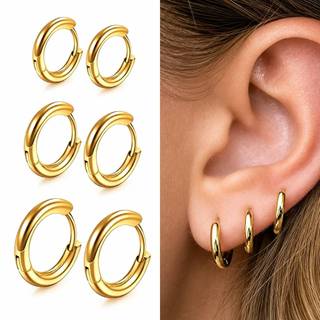 Trio Brincos de Argola Lisa Fino Click Unisex T 12/10/08 mm Banhado a Ouro 18K