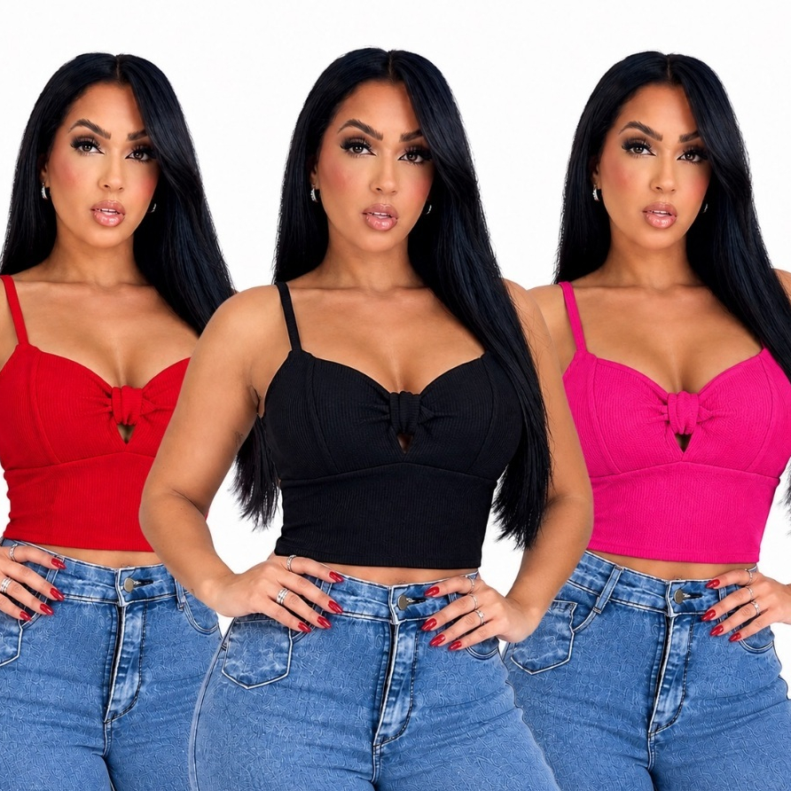 Blusa Cropped Feminino com Bojo, Cavado, Regata Decotada Tecido Canelado Lacinho