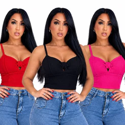 Blusa Cropped Feminino com Bojo, Cavado, Regata Decotada Tecido Canelado Lacinho