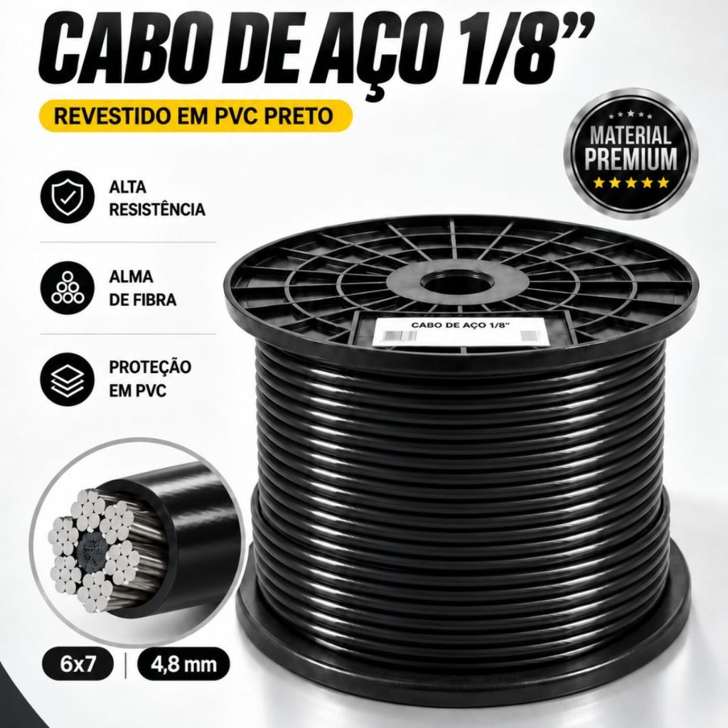 10 Metros Cabo De Aço 1/8 6x7 4,8mm Af Revestido Pvc Preto Academia Aparelho Estação Musculação