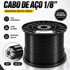 10 Metros Cabo De Aço 1/8 6x7 4,8mm Af Revestido Pvc Preto Academia Aparelho Estação Musculação