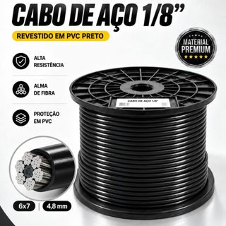 10 Metros Cabo De Aço 1/8 6x7 4,8mm Af Revestido Pvc Preto Academia Aparelho Estação Musc…