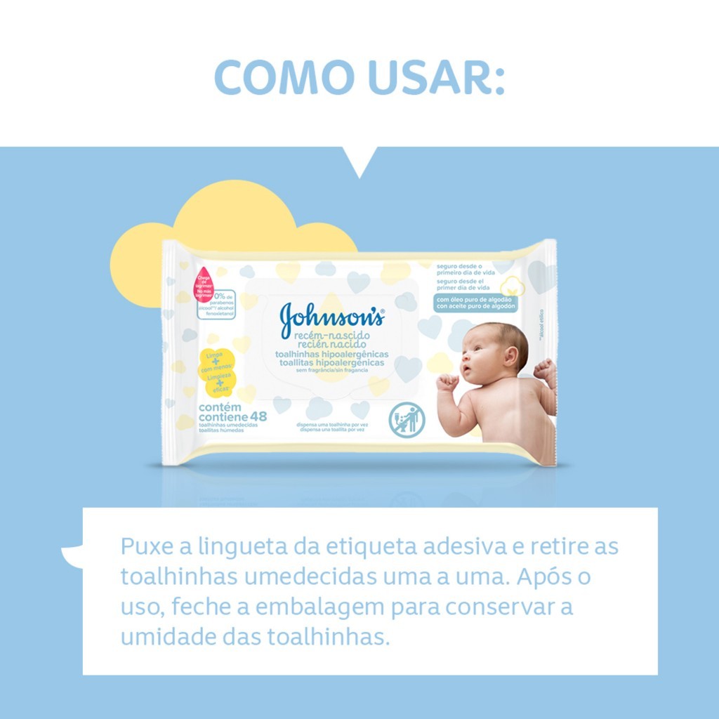 Kit com 4 Lenços Umedecidos Johnson's Baby Recém-Nascido Sem Fragrância com 48 unidades cada · foto 2