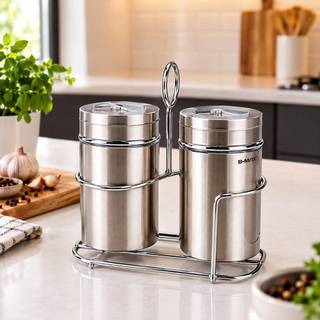 Porta Condimentos Inox E Vidro 2 Peças Com Suporte