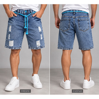 No.32 Bermuda Jeans Masculina Destroyed com Cinto Cordão Azul Estilo Casual Streetwear