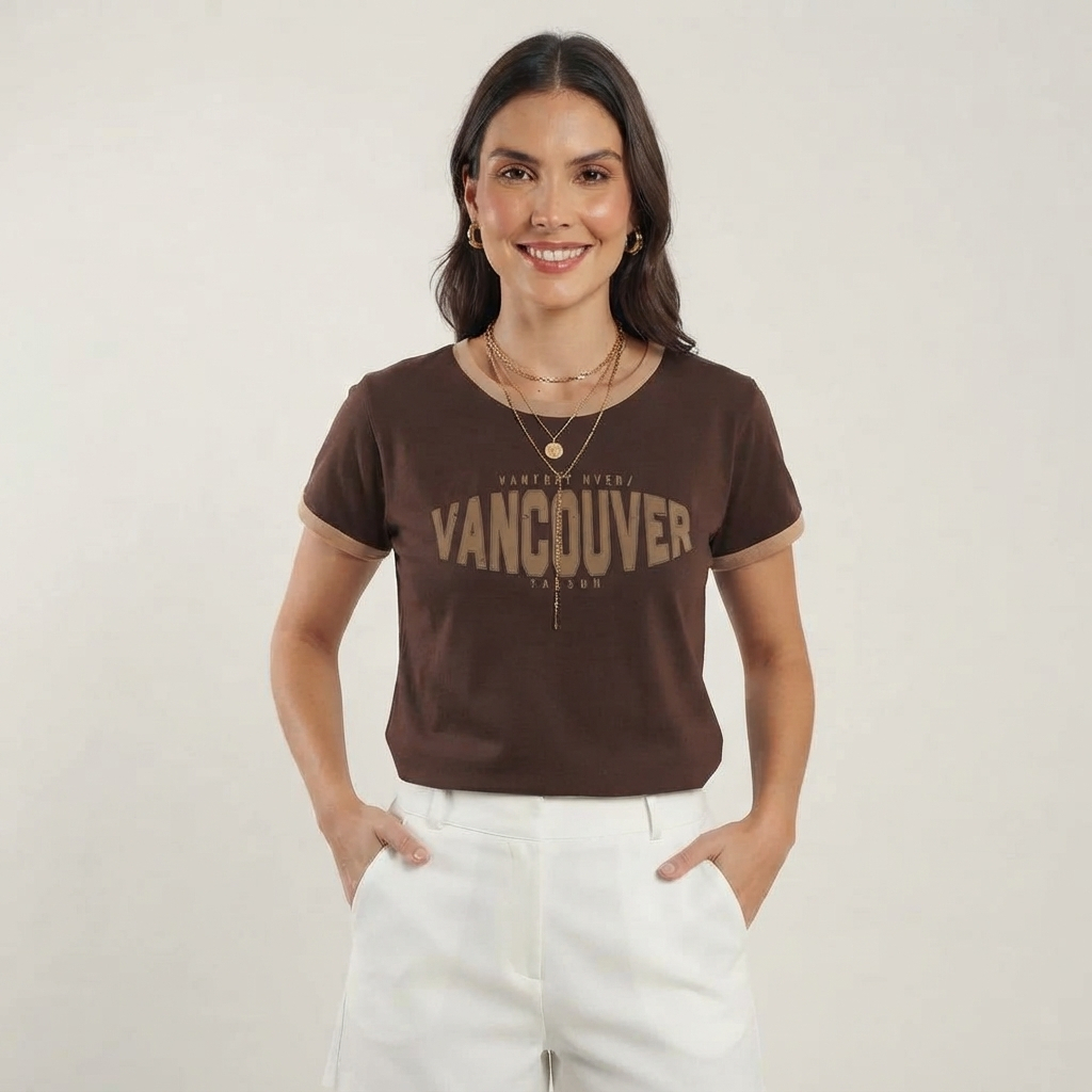 Cropped Feminino Marrom Manga Curta Gola Redonda Estampado Vancouver Casual