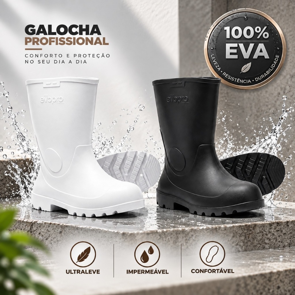 Galocha Impermeável EVA Ultraleve Antiderrapante Cano Médio Bota Segurança Frigorífico Açougue EPI Evopro CA Aprovado