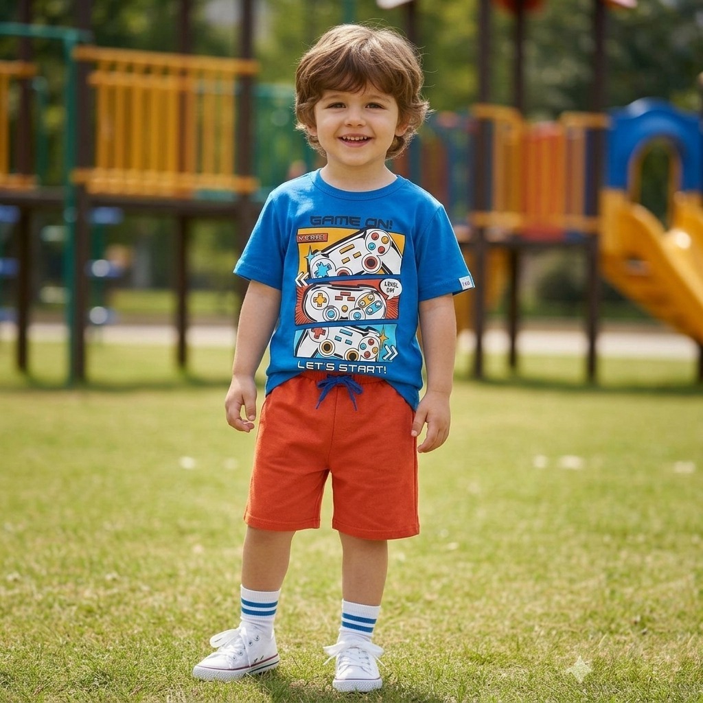 Conjunto Infantil Masculino Menino Camiseta Game Estampada e Bermuda Confortável Verão 04 a 10 Anos