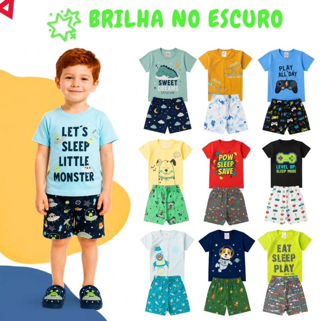 Kit 12 Peças Pijama Infantil Brilha no Escuro Menino Verão Roupa Infantil Masculino
