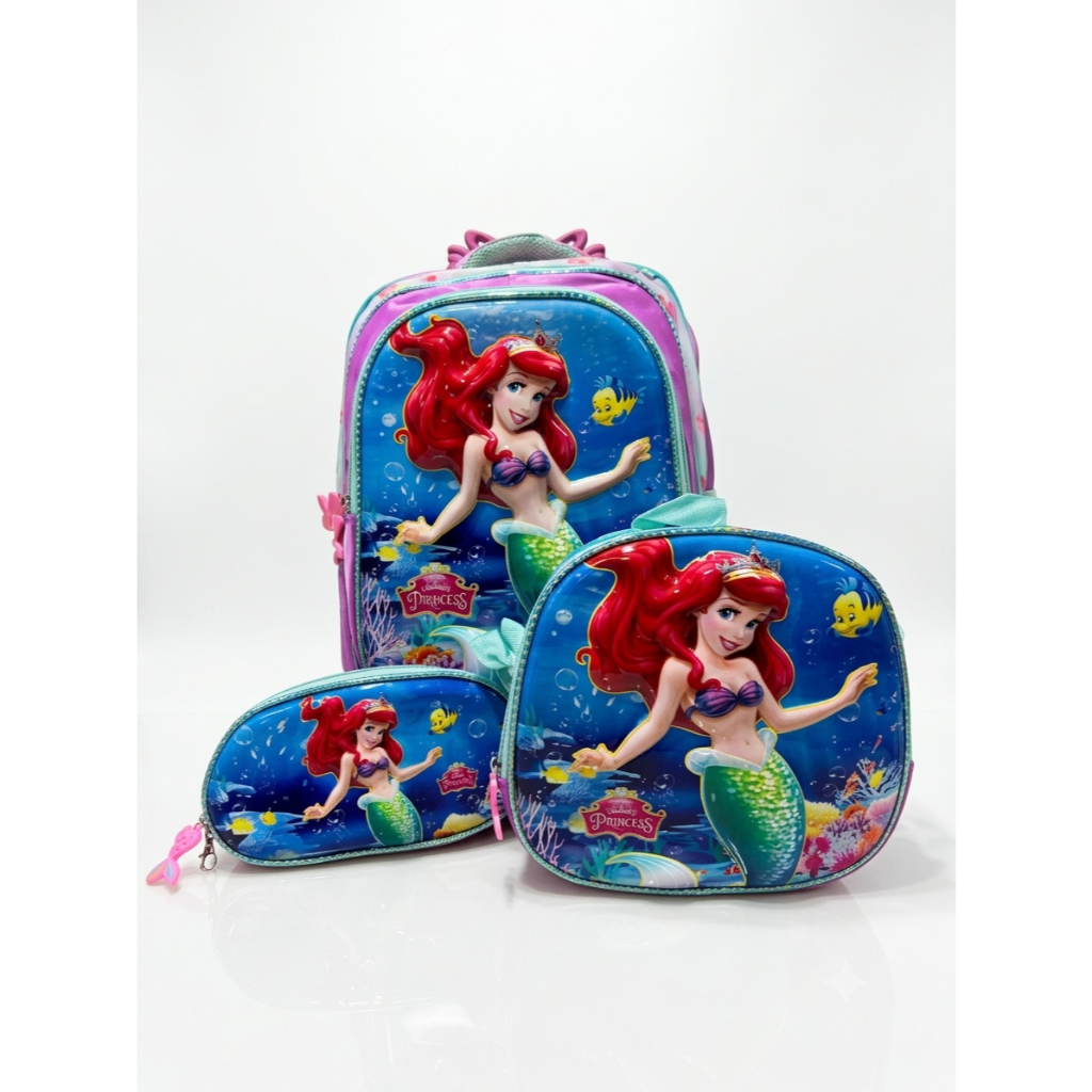 Kit Mochila Ariel Pequena Sereia Infantil Rodinhas Escolar Com Lancheira Térmica e Estojo Menina Volta às Aulas