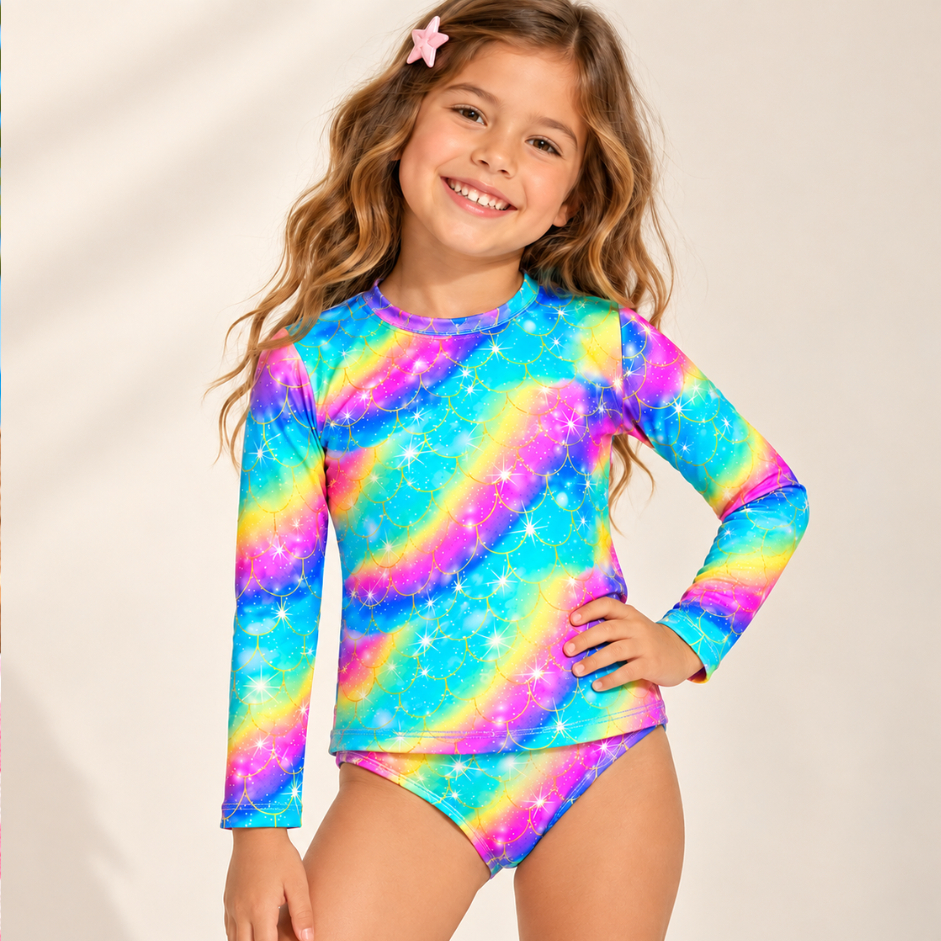 Biquini Infantil Blusa Manga Longa e Calcinha Proteção UV50+ /Moda Praia Menina