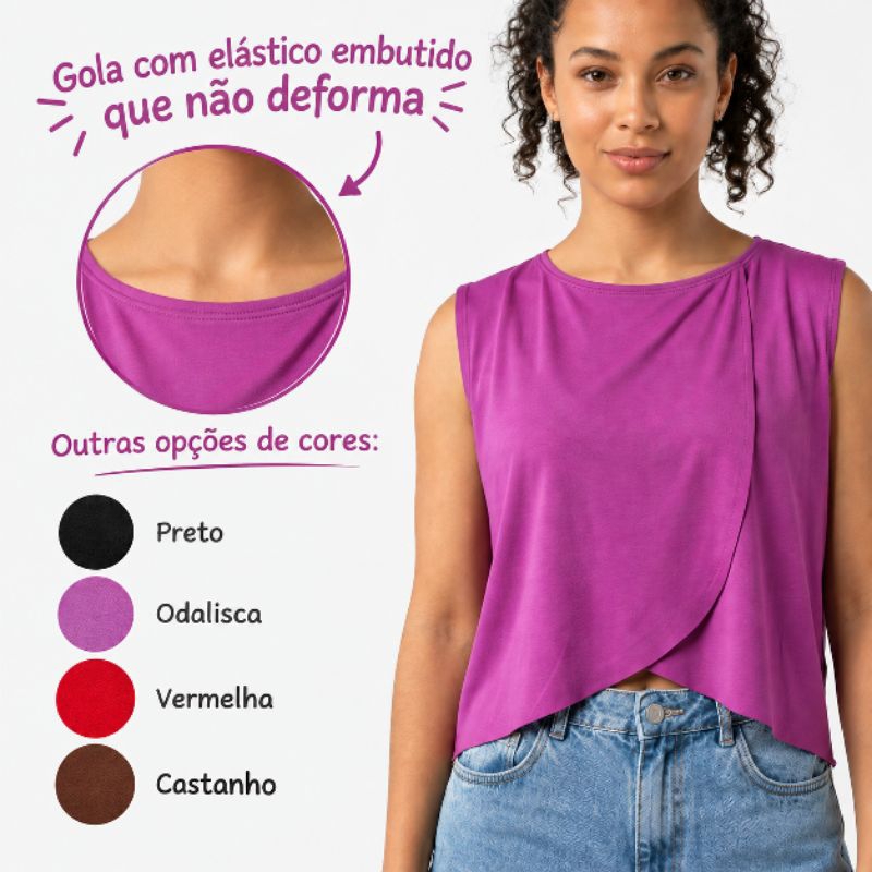 Blusa Feminina Regata frente transpassada Poliamida Soltinha Casual Básica Elegante